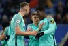 Brighton striker Danny Welbeck celebrates his late equaliser with Leandro Trossard 