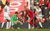 Liverpool midfielder Fabinho scores the opening goal against Brentford