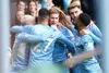 Kevin De Bruyne celebrates with his Manchester City teammates in the 1-0 win over Chelsea