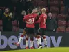 Southampton players celebrate scoring in last nights game against Brentford