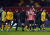 Brentford manager Thomas Frank is shown a red card at the end of the game against Wolves