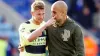 Pep Guardiola celebrates Manchester City’s 1-0 win at Leicester with matchwinner Kevin De Bruyne (David Davies/PA Images).