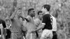 Pele remonstrates with Scotland’s Ronnie MacKinnon following a clash with Billy Bremner (PA)