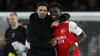 Arsenal manager Mikel Arteta, left, celebrates with Bukayo Saka (Steven Paston/PA)