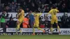 Victor Adeboyejo, left, celebrates scoring Burton’s equaliser against Derby (Bradley Collyer/PA)