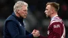 West Ham manager David Moyes, left, congratulates Jarrod Bowen