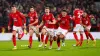 Nottingham Forest players celebrate after winning the penalty shoot-out against Wolves (Tim Goode/PA)