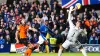 Rangers’ Fashion Sakala (centre) opens the scoring against Dundee United (Jane Barlow/PA)