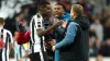 Newcastle striker Alexander Isak celebrates with head coach Eddie Howe after the victory over Fulham (Owen Humphreys/PA)