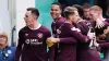 Hearts striker Lawrence Shankland (left) celebrates scoring their side’s second goal against Hibernian (Jane Barlow/PA)