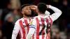 Stoke City’s Tyrese Campbell (left) celebrates with team mate Josh Laurent 