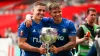 Halifax Town’s Tylor Golden and goalscorer Jamie Cooke pose with the FA Trophy