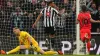 Striker Callum Wilson (centre) scores Newcastle’s third goal against Brighton 