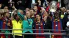 Barcelona players celebrate their Champions League triumph after beating Manchester United in the Wembley final on this day 