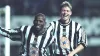 Jon Dahl Tomasson (right) rushed to congratulate hat-trick hero Faustino Asprilla 