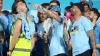 Manchester City’s Jack Grealish (left), Kalvin Phillips (centre) and Kyle Walker (right) on stage during the treble parade i