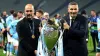 Pep Guardiola holds the Champions League trophy with Man City chairman Khaldoon Khalifa Al Mubarak (Martin Rickett/PA)