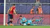 England goalkeeper James Trafford saves Abel Ruiz’s last-gasp penalty in the European Under-21 Championship final (PA)