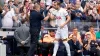 Harry Kane with Tottenham manager Ange Postecoglou after scoring four goals in the 5-1 win over Shakhtar Donetsk (Yui Mok/PA