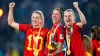 Alexia Putellas (left), Jennifer Hermoso and Irene Paredes celebrate Spain’s World Cup win (Zac Goodwin/PA)