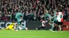 Celtic’s Gustaf Lagerbielke, centre right, concedes a penalty and earns a red card (Peter Dejong/AP)