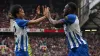 Danny Welbeck (right) celebrates with Kaoru Mitoma after scoring Brighton’s opener (Martin Rickett/PA)