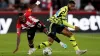 Frank Onyeka, left, battles for the ball with Reiss Nelson (John Walton/PA)