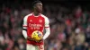 Arsenal’s Eddie Nketiah with the match ball after scoring a hat-trick during the Premier League win over Sheffield United. (