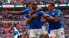 Isaac Olaofe, centre, and Antoni Sarcevic, right, scored in Stockport’s win (Bradley Collyer/PA)