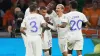 Kylian Mbappe, centre left, celebrates after scoring France’s second goal against the Netherlands (Peter Dejong/AP)