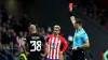 Celtic’s Daizen Maeda is shown a red card by referee Ivan Kruzliak following a VAR check (Isabel Infantes/PA)