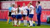 England manager Sarina Wiegman speaks to the team during Tuesday’s match against Belgium (Rene Nijhuis/PA)