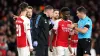 Bukayo Saka was shown a yellow card as he limped off during Arsenal’s 2-0 win over Sevilla (John Walton/PA)