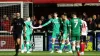 Isaac Hutchinson (centre) celebrates scoring Walsall’s fourth (George Tewkesbury/PA)