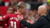 Rasmus Hojlund (centre) has backed Erik ten Hag to turn around Manchester United’s slump (Martin Rickett/PA)