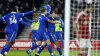 Dwight McNeil, right, celebrates with team-mates after scoring Everton’s winner (Nigel French/PA)