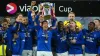 Rangers’ James Tavernier, centre, lifts the trophy with team-mates after his goal secured victory against Aberdeen in the Vi