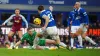 Aston Villa’s Matty Cash has a shot saved by Everton goalkeeper Jordan Pickford during the Premier League match at Goodison 