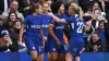 Lauren James, second right, celebrates with team-mates after completing her hat-trick (Bradley Collyer/PA)