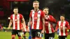 Sheffield United’s Oli McBurnie (centre) celebrates scoring their last-gasp equaliser (Mike Egerton/PA)