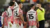 Jordan Thompson, second from right, was sent off in the second half for Stoke against Ipswich (Martin Rickett/PA)