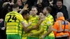 Borja Sainz, second right, celebrates scoring Norwich’s winner against Coventry (Nigel French/PA)