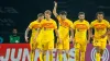 Barcelona’s Robert Lewandowski, centre, is congratulated after scoring a late penalty (AP Photo/Lalo R. Villar)