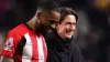 Brentford’s Ivan Toney and manager Thomas Frank celebrate victory over Nottingham Forest. (John Walton/PA)