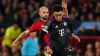 Manchester United’s Sofyan Amrabat (left) tackles Bayern Munich’s Jamal Musiala (Martin Rickett, PA)