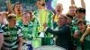 Celtic manager Brendan Rodgers celebrates with the cinch Premiership trophy (Andrew Milligan/PA)