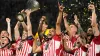 Ayoub El Kaabi (centre) celebrates after his extra-time goal gave Olympiacos victory in the Europa Conference League final a