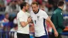 England’s Harry Kane shakes hands with manager Gareth Southgate after being substituted against Denmark. (Adam Davy/PA)