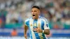 Argentina’s Lautaro Martínez celebrates scoring his side’s opening goal against Peru (Lynne Sladky/AP)