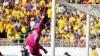 Colombia’s goalkeeper David Ospina fails to stop a free kick from Brazil’s Raphinha (Tony Avelar/AP)